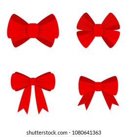Vector red bow for decorating gifts, surprises for holidays. Packing presents for birthday, new year and Christmas. Promotion and Discount flat illustration. Objects isolated on white background.