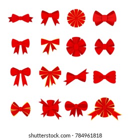 Vector red bow for decorating gifts, surprises for holidays. Packing presents for birthday, new year and Christmas. Promotion and Discount flat illustration. Objects isolated on white background.