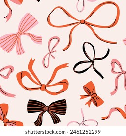 Vector red Bow knots, gift bows seamless pattern. Hand drawn bow repeated illustration. Wedding celebration, holiday, party decoration, gift, present concept. 