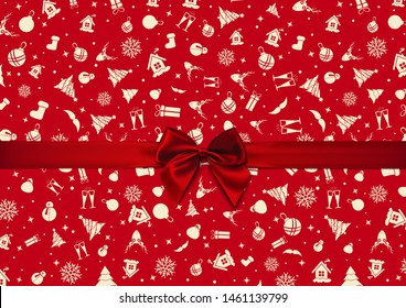 Vector - Red Bow over red Christmas wrapping paper. Christmas card. Happy New Year card.