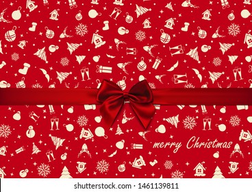 Vector - Red Bow over red Christmas wrapping paper. Christmas card. Happy New Year card.