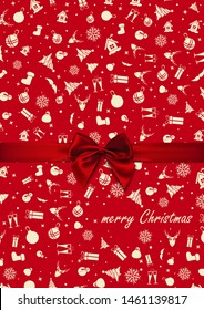 Vector - Red Bow over red Christmas wrapping paper. Christmas card. Happy New Year card.