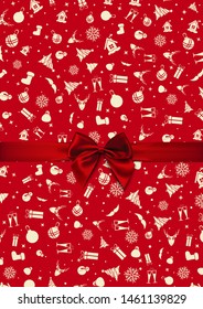 Vector - Red Bow over red Christmas wrapping paper. Christmas card. Happy New Year card.