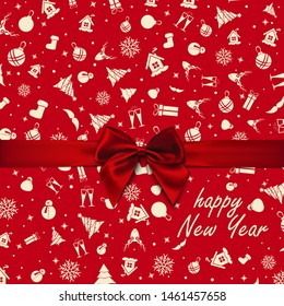 Vector - Red Bow over red Christmas wrapping paper. Christmas card. Happy New Year card.