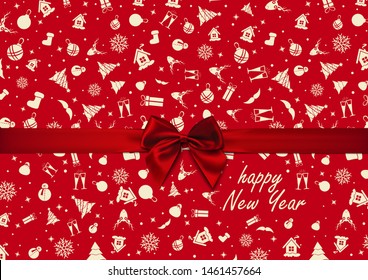 Vector - Red Bow over red Christmas wrapping paper. Christmas card. Happy New Year card.