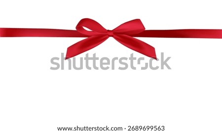 Vector red bow and ribbon for birthday  present on white background. Shine bow for greeting card and other decor. Top view 
