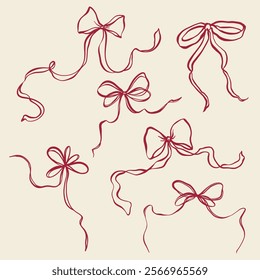 Vector red bows set. Hand-drawn gift bow isolated on beige background. Holiday illustration for design, print, fabric or background.
