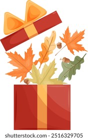 Vector red box with yellow bow and autumn forest leaves illustration, fall composition