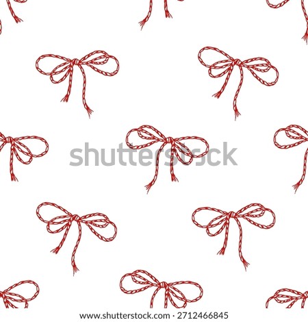 Vector red braided cord bows seamless isolated pattern. Decorative jute bow ornate. Hand drawn coquette hemp burlap ropes line ink illustration for wedding invitations, valentines day packaging.