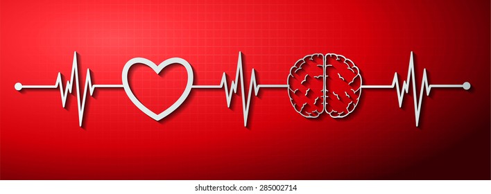 vector red brain processes technology, creative idea concept. wave. ECG, EKG, electrocardiogram. pulse heart