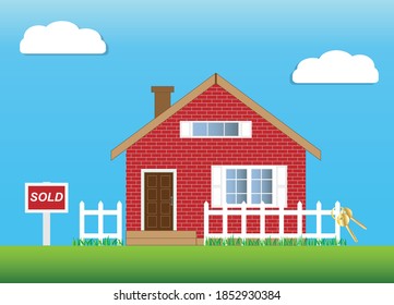 Vector de casa de ladrillo rojo con cerca blanco y un conjunto de llaves doradas. Cartel de venta. Techo de gable. Inmobiliaria.