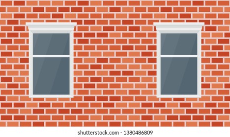 Vector red brick wall background. Old texture urban masonry. Vintage architecture block wallpaper and window. Retro facade room illustration