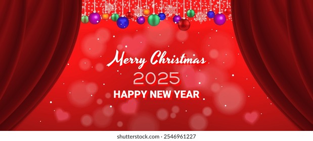 Vector red bright holiday banner. Merry Christmas and Happy New Year 2025. Snowflakes, balls toys, bright radiant sparks and a red curtain. Effect bokeh.