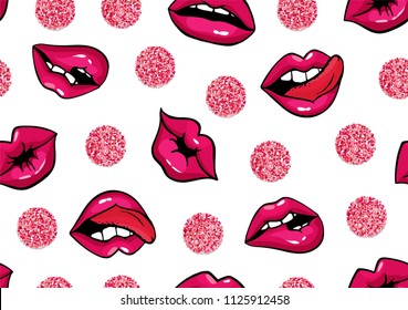 Vector red, bright pink womans lips seamless pattern. Cosmetics and makeup lips characters, expressing emotions: smile, kiss, half-open mouth, biting lip, lip licking. Pattern with fluffy circles dot