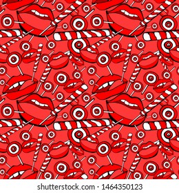 Vector red, bright pink womans lips seamless pattern. Cosmetics and makeup lips characters, kiss, half-open mouth, biting lip, Sweets and lips lollipop. Red backgraund