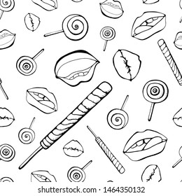 Vector red, bright pink womans lips seamless pattern. Cosmetics and makeup lips characters, kiss, half-open mouth, biting lip, Sweets and lips lollipop. White backgraund