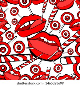 Vector red, bright pink womans lips seamless pattern. Cosmetics and makeup lips characters, kiss, half-open mouth, biting lip, Sweets and lips lollipop. White backgraund