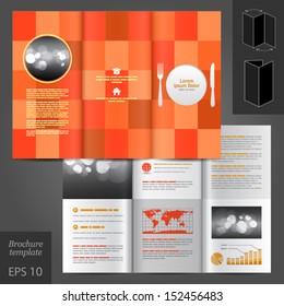 Vector red brochure template design with plate, fork and knife. For restaurant. EPS 10