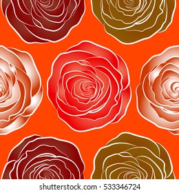 Vector red, brown and orange rose flowers seamless pattern.