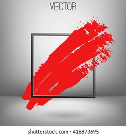 Vector red brush strokes passing through the frame. Hand drawn lines with dry brush. Grey frame of Steel. Grey background. Soft shadow. Three strokes. Bright red.