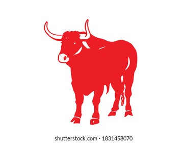 Vektorroter Stier einzeln auf weißem Hintergrund, Symbol des neuen Jahres