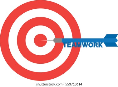 Vector red bullseye and blue dart with text teamwork is in the center.