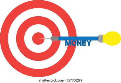 Vector red bullseye with blue dart with lightbulb and text money.