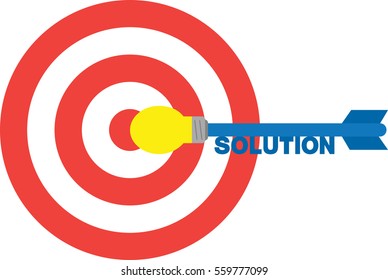 Vector red bullseye with blue dart with lightbulb and text solution.