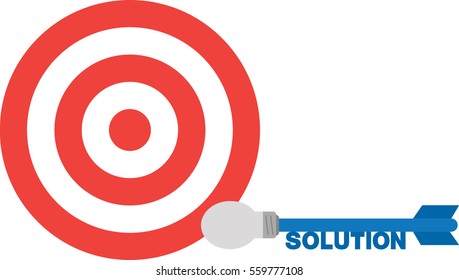 Vector red bullseye with blue dart with lightbulb and text solution.