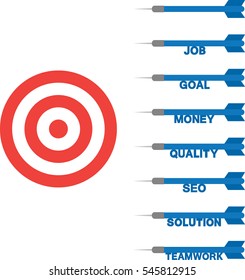 Vector red bullseye with blue darts text job, goal, money, quality, seo, solution, teamwork.