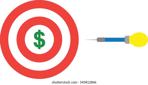 Vector red bullseye with green dollar and light bulb dart.