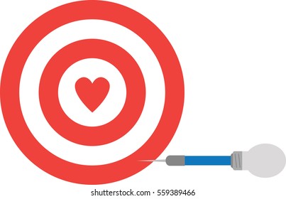 Vector red bullseye with red heart and light bulb dart.