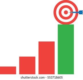 Vector red bullseye target and blue dart is in the center on top of business bar chart.