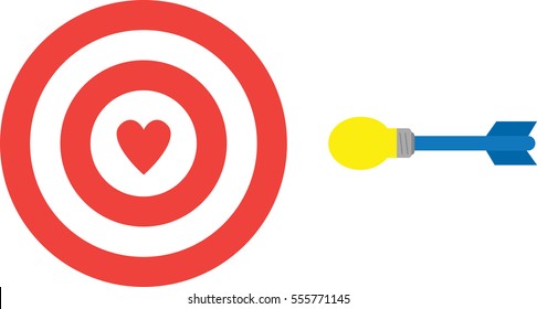 Vector red bullseye target with heart and yellow blue light bulb dart.