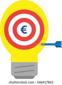 Vector red bullseye and yellow light bulb with blue euro and blue dart is in the side.
