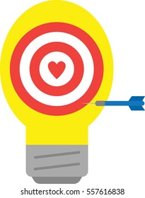 Vector red bullseye and yellow light bulb with red heart and blue dart is in the side.