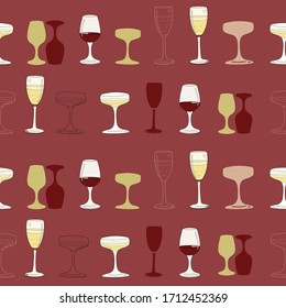 Vector red burgundy champagne and wine collection seamless pattern background. Suitable for backgrounds, home decor and hospitality use. Geometric modern repeat pattern tile.