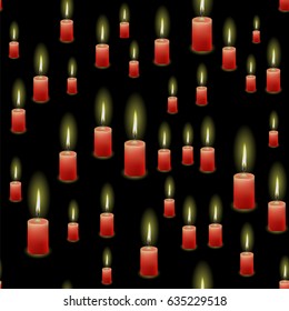 Vector Red Burning Wax Candles Seamless Pattern Isolated on Black Background
