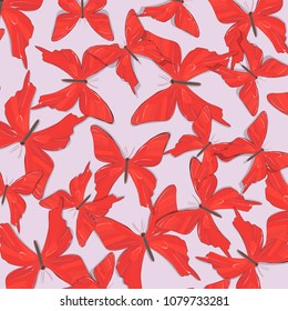 Vector red butterfly surface pattern. Nature pastel  insect background. Kids tropical summer illustration. Natural spring pink print