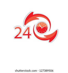 Vector red Button 24 hour open. 24 hour delivery icon.