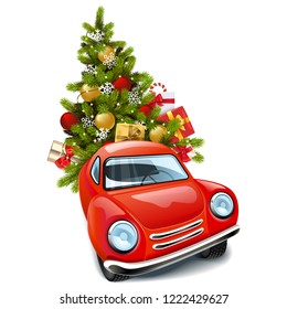 Vector Red Car with Christmas Tree isolated on white background