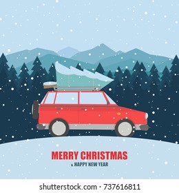 Vector Red Car With A Christmas Tree On The Mountains Background With Forest