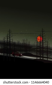 vector red car driving on the local road on dark forest  and big red moon. holloween background