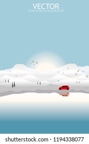 vector red car driving on the road on the snow background