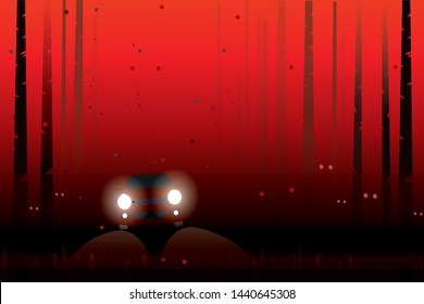 Vector Red Car Driving On The Local Road On Dark Red Forest  . Holloween Background
