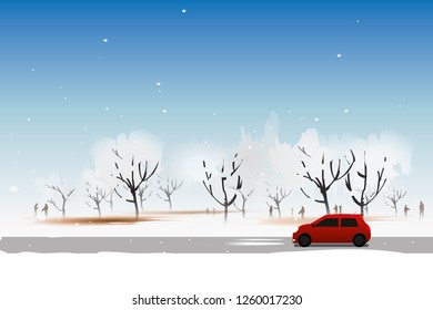 vector red car on winter background.blue sky
