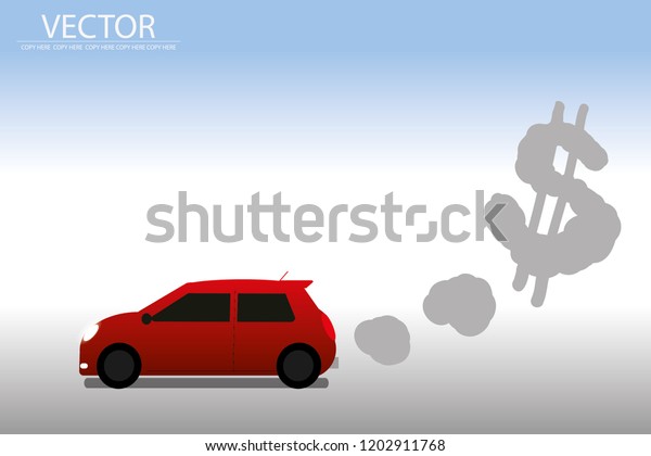 vector red car and pollution smoke.dollar\
money sign.pollution air.green house\
effect