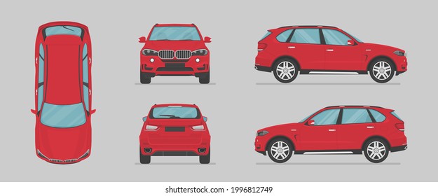Vector red car. Side view, front view, back view, top view. Cartoon flat illustration, car for graphic and web