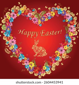 Vector red card Happy Easter with a big heart and rabbit with floral pattern. For the design of posters, banners, sales, cards, invitations, parties.