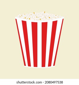 Vector red cardboard jar in white stripes with popcorn. Realistic graphic illustration. Food at the cinema.